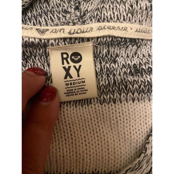 Roxy womens grey white striped v-neck hooded lightweight knit pullover sweater M - Picture 4 of 7